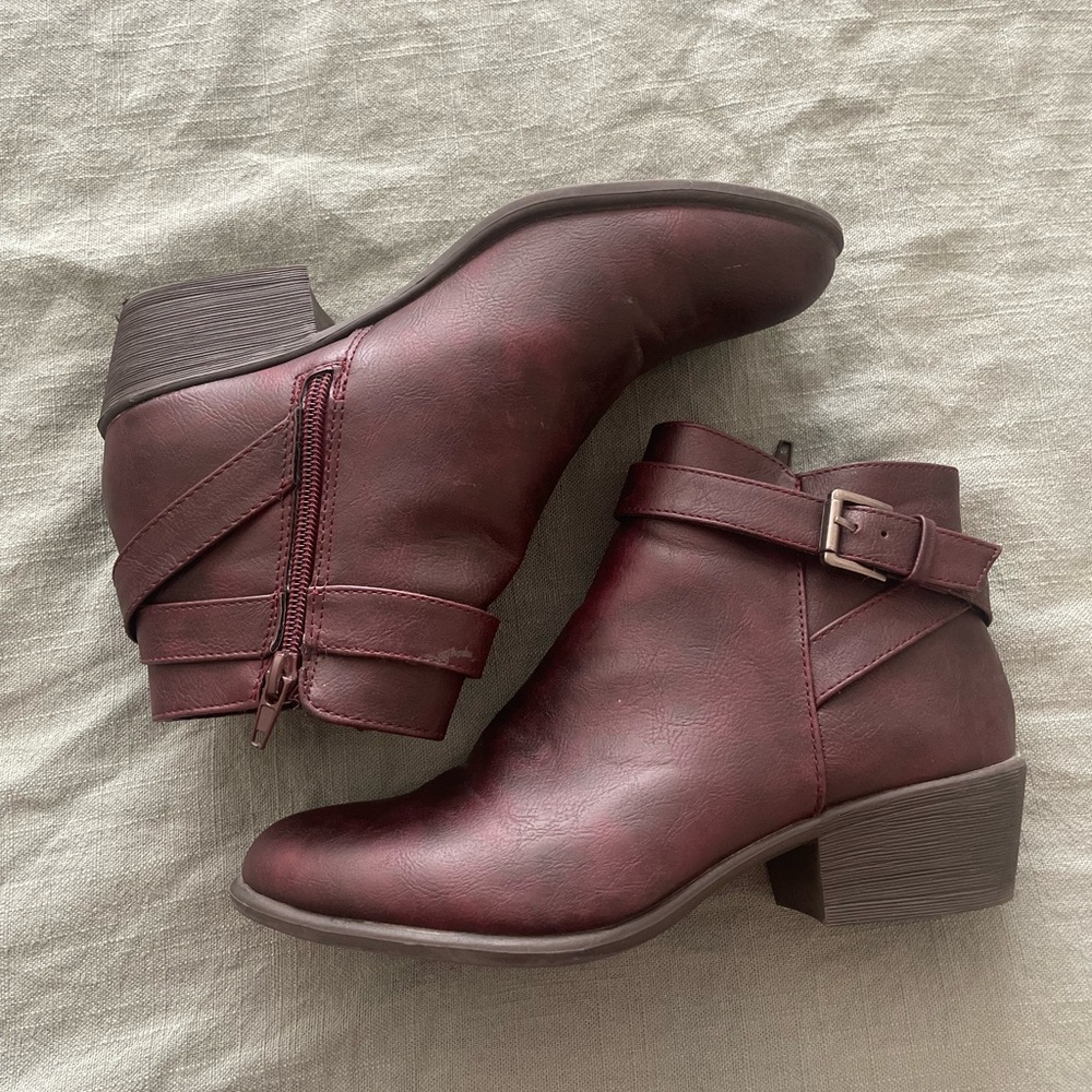 Burgundy leather buckled booties, justfab- size 7.